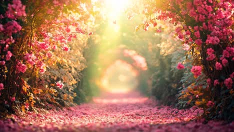 a path lined with pink flowers in the middle of a forest