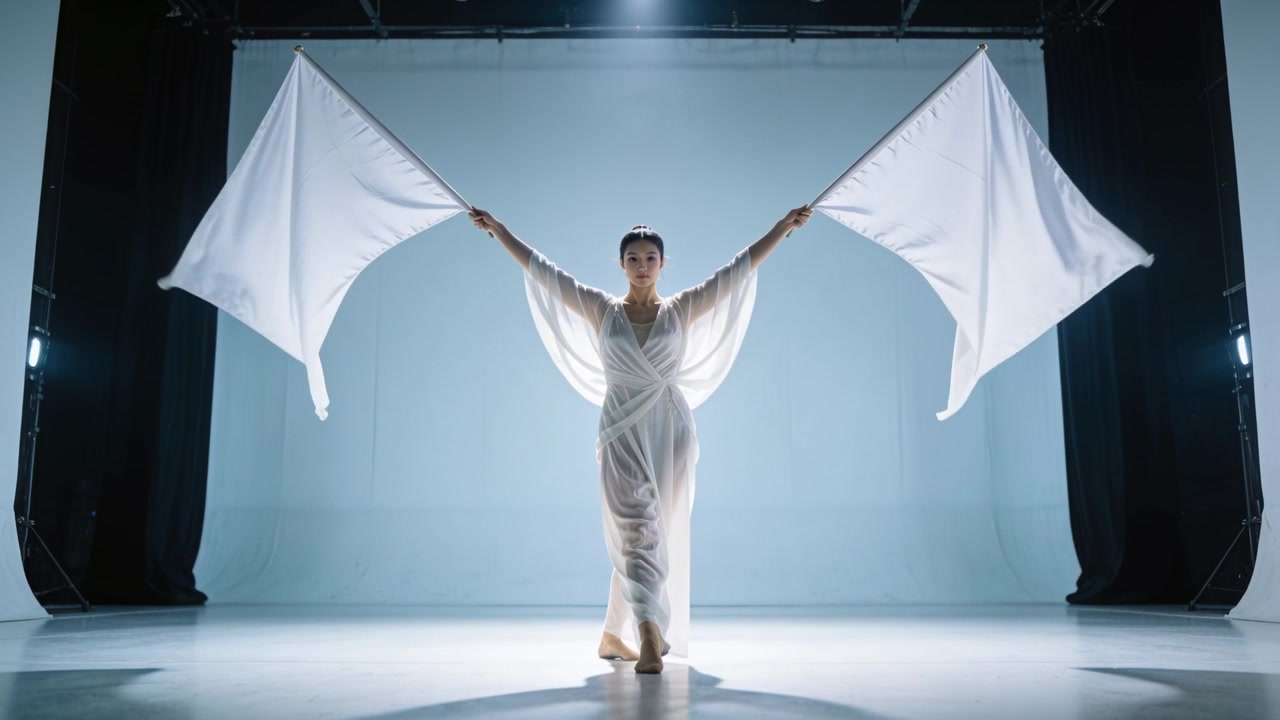 Ballerina asiatica che si muove in abito bianco, srotolando bandiere su aste al centro del palco formando delle ali