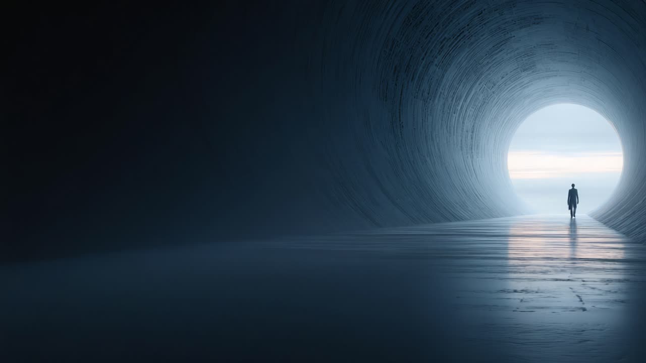 A solitary figure walks towards a bright horizon through a dark tunnel, symbolizing hope and transformation as they journey from darkness to light