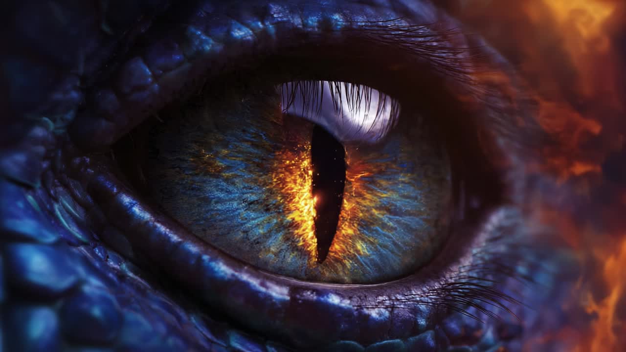 Close-Up of a Fiery Dragon Eye: A Stunning Visual Representation of Mythical Majesty, Captured in Intimate Detail to Showcase the Vibrant Colors and Magnificent Texture of a Fantasy Creature's Eye