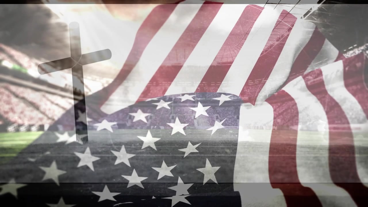 Gentle breezes animating American flag, revealing stadium seating as sun rays gliding across cross