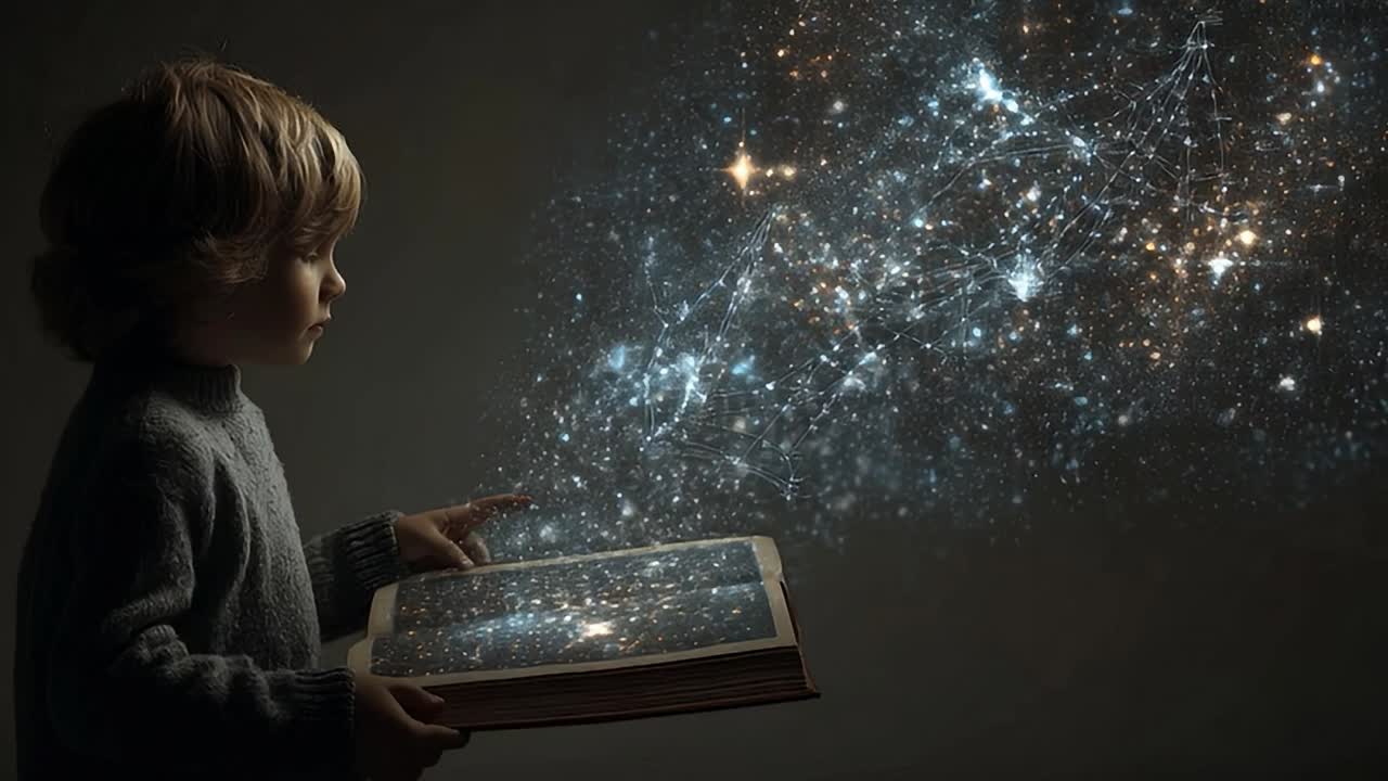 Child explores a magical universe through an open book at night
