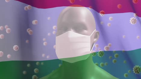 bandera búlgara ondeando contra las células de covid-19 y modelo de cabeza humana con máscara facial