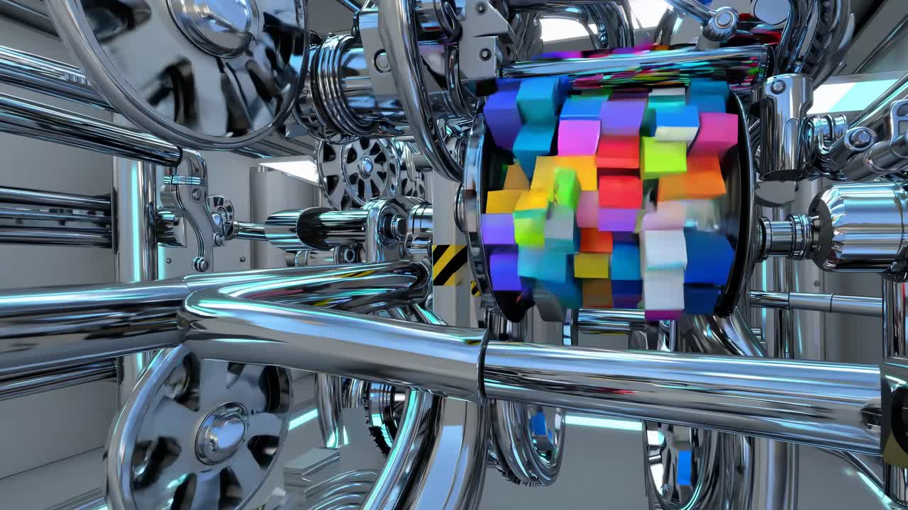 Complex Industrial Machinery with Colorful Cubes