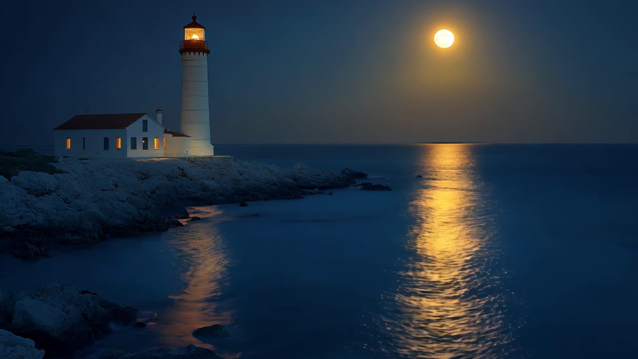 A lighthouse is on a rocky shoreline with a calm ocean. The moon is shining on the water, creating a serene and peaceful atmosphere