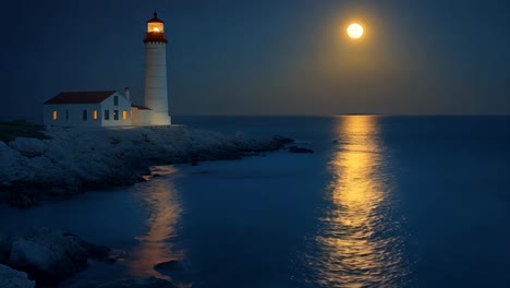 a lighthouse is on a rocky shoreline with a calm ocean. the moon is shining on the water, creating a serene and peaceful atmosphere