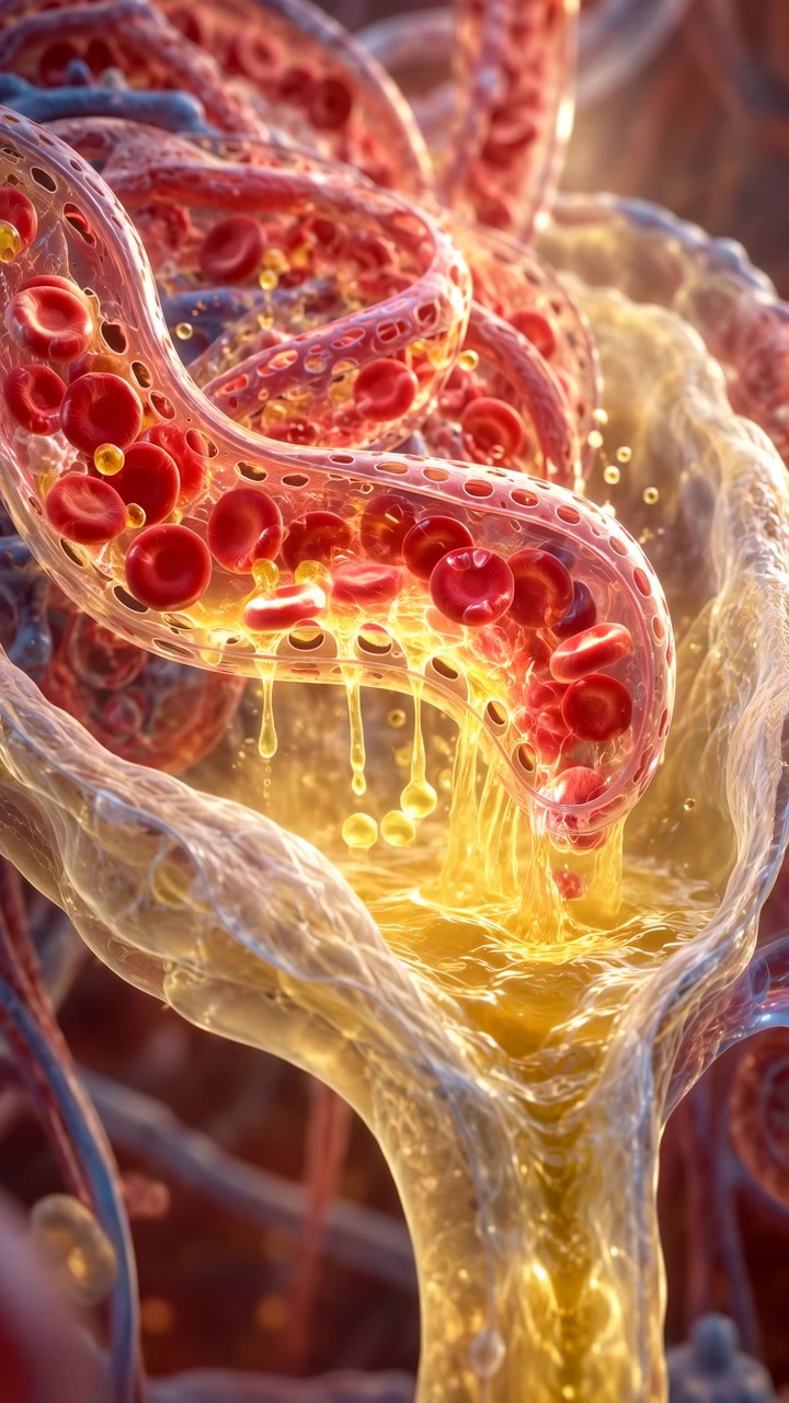 Cellule rosse a forma di disco si spostano lungo canali trasparenti tortuosi mentre goccioline ambrate e liquido scendono verso il basso, circondate da strutture fibrose pallide e una profondità che brilla dolcemente