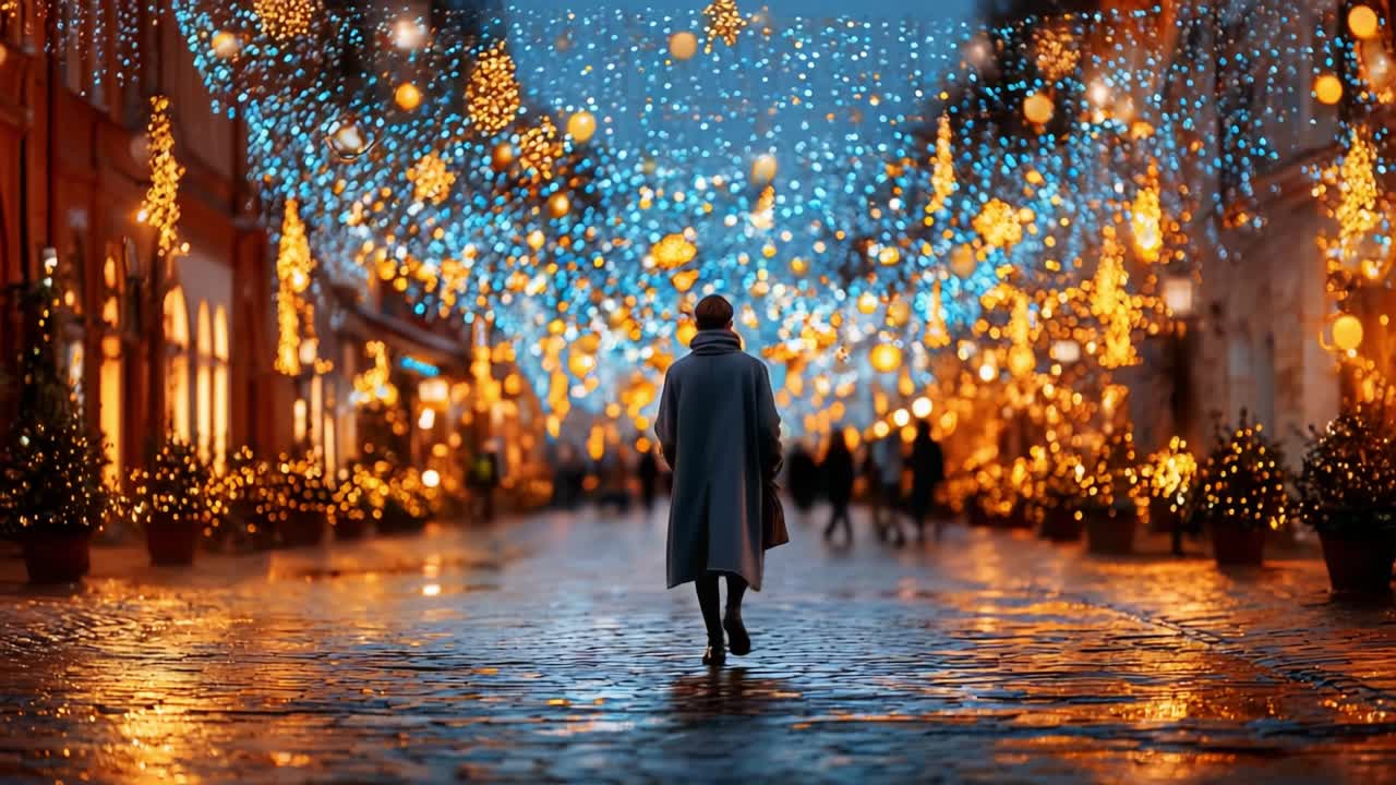 A Wonderfully Illuminated Evening Walk Through a Magical Street Blanketed with Colorful Lights, Creating a Captivating Atmosphere of Holiday Cheer and Joyful Celebration