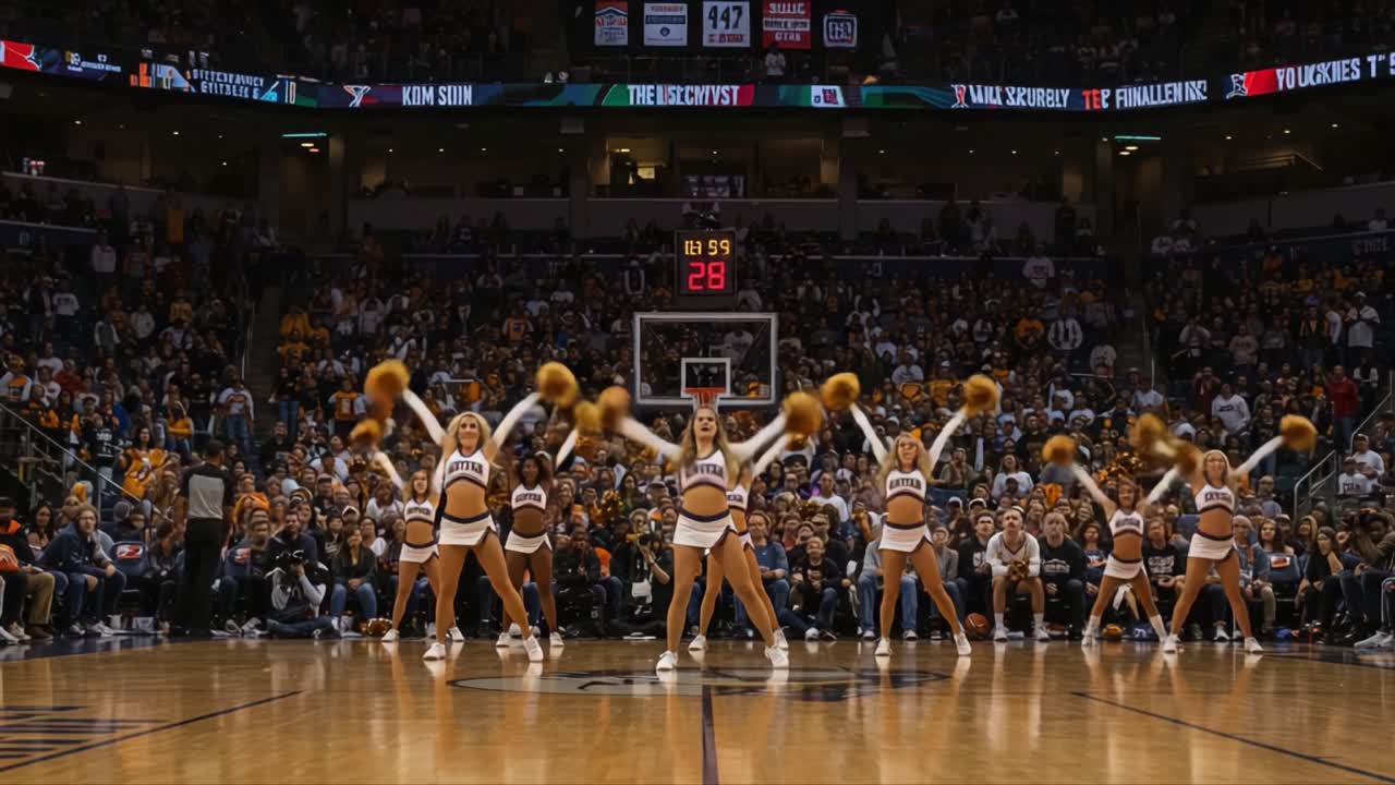 Energetic Cheerleaders Performing During a High-Energy Basketball Game, Capturing the Spirit and Excitement of a Dynamic Sports Event with a Thriving Crowd
