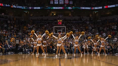 energetic cheerleaders performing during a high-energy basketball game, capturing the spirit and excitement of a dynamic sports event with a thriving crowd