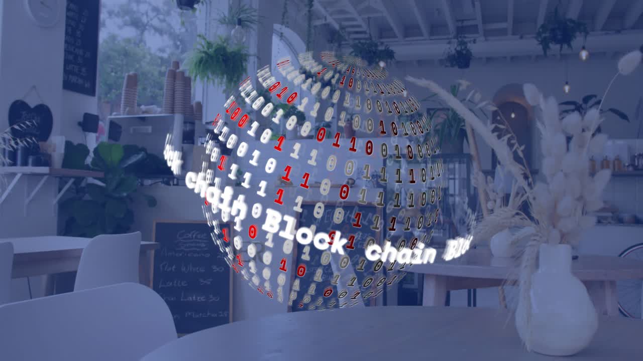 Digital sphere appearing, spinning while blockchain text scrolling, pulsing highlighting blockchain