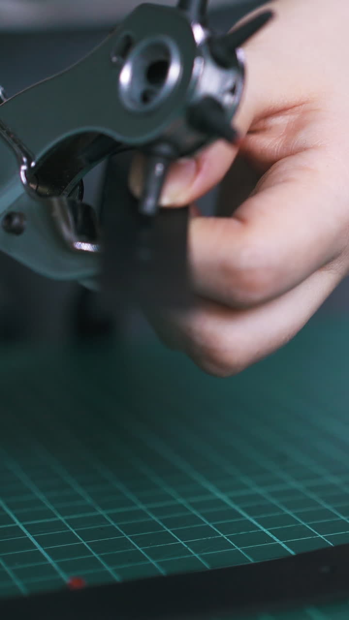 CU: Experienced worker makes holes in black leather cloth with punch pliers on green cutting mat closeup