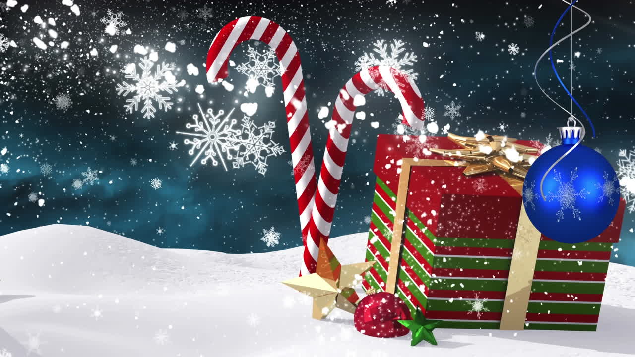 animación de la nieve cayendo, adornos de navidad con caña de caramelo y presente sobre el paisaje de invierno