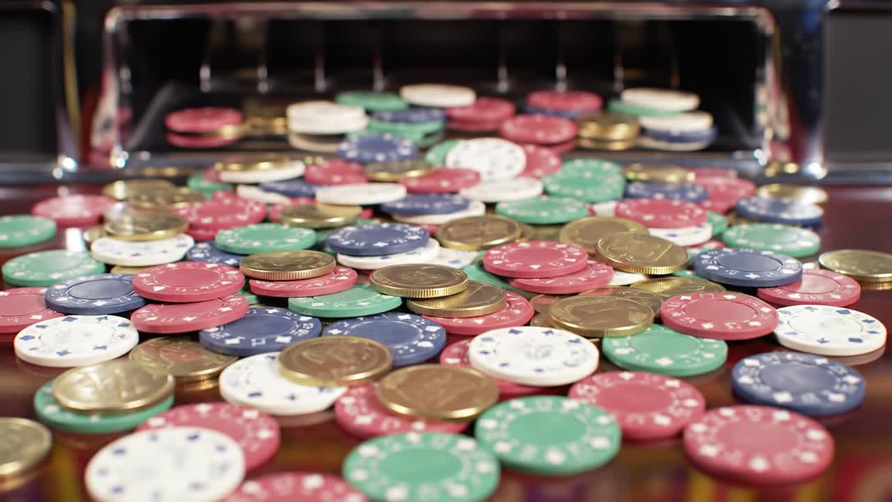 A Vibrant Cascade of Colorful Casino Chips and Coins Overflowing from a Machine, Illustrating the Excitement and Atmosphere of Gambling and Gaming Entertainment