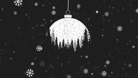 christmas bauble dangling with christmas tree pattern against snowflakes falling on black background