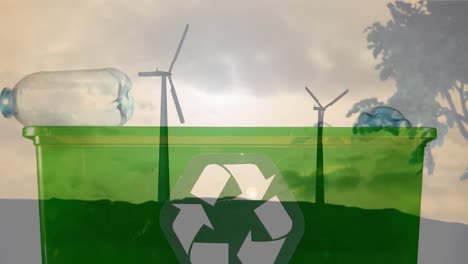 animación de una caja verde de reciclaje con cajas de plástico y turbinas eólicas