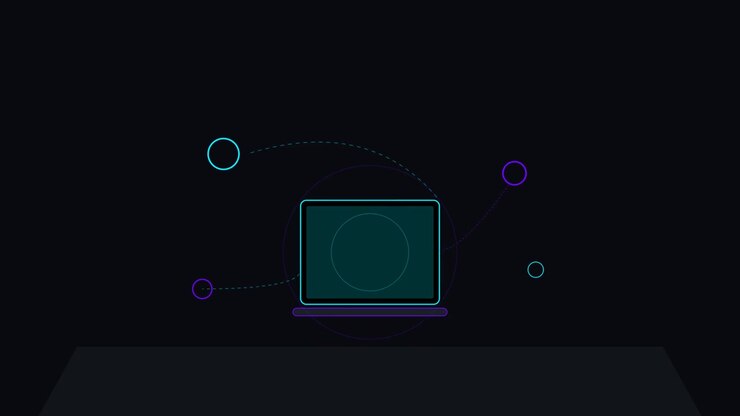 Animated Laptop Icon with Floating Abstract Circles on Dark Background