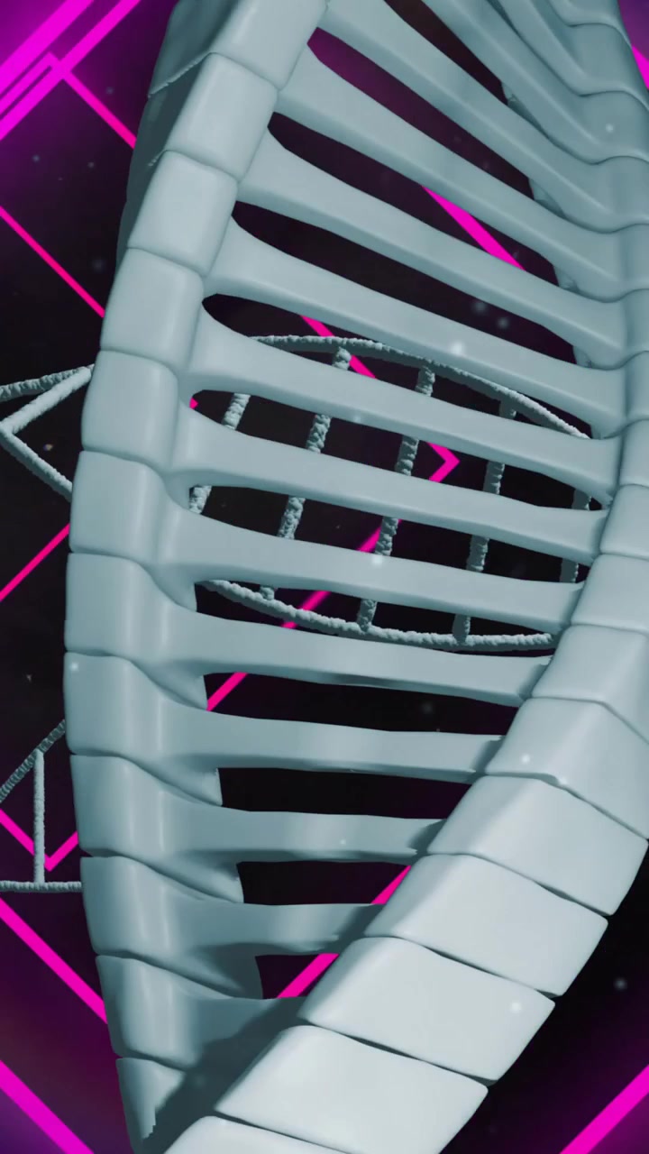 Animazione di filamenti di DNA e forme geometriche su sfondo rosa neon
