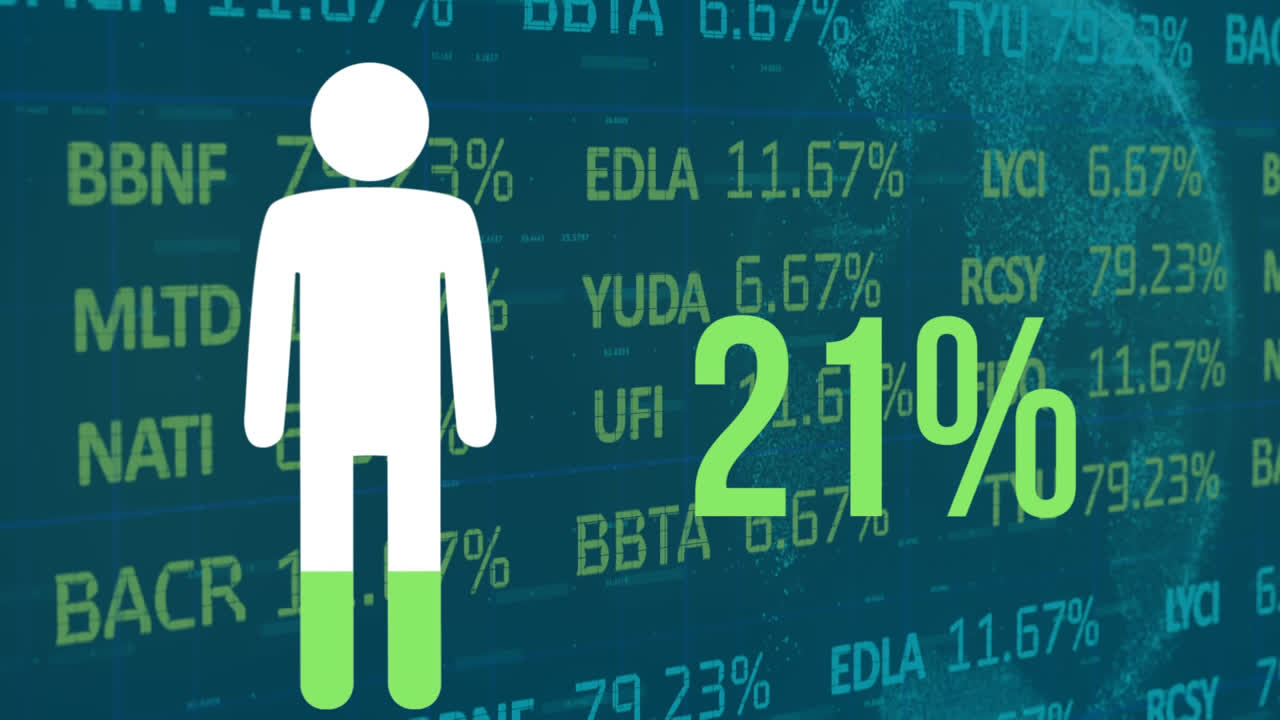 개인 아이콘의 애니메이션과 금융 데이터 처리에 대한 녹색으로 채우는 비율