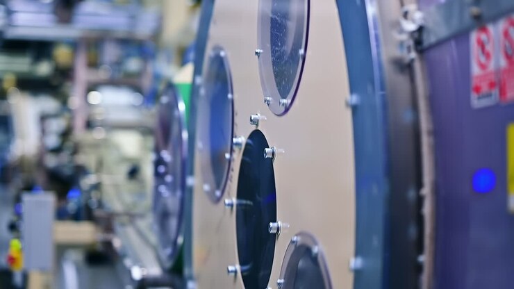 Large diameter rotating mechanism at the diaper production enterprise. Technological equipment for modern nappies manufacturing in blur.