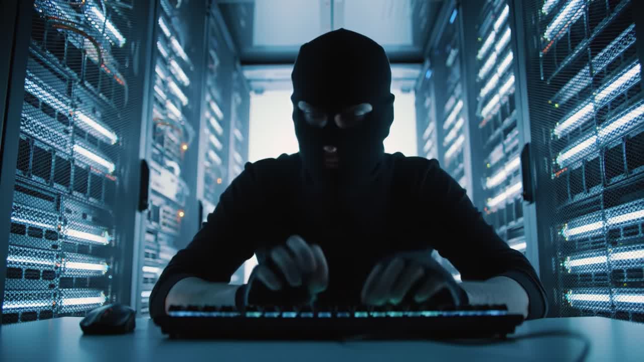 A shadowy figure types rapidly on a keyboard, shrouded in darkness, surrounded by rows of illuminated server racks, embodying the essence of cyber crime and secrecy