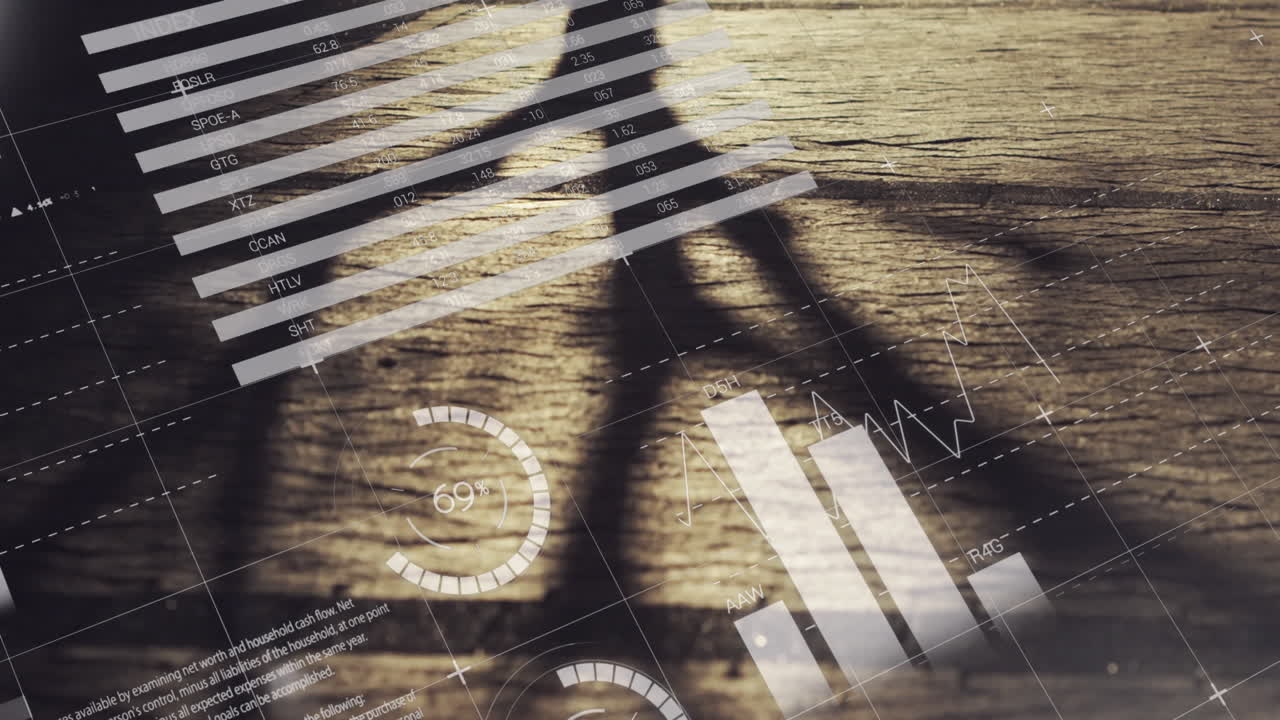 거리에서  ⁇ 고 있는 사람들의 그림자와 타임  ⁇ 스 위로 움직이는 여러 그래프의 애니메이션