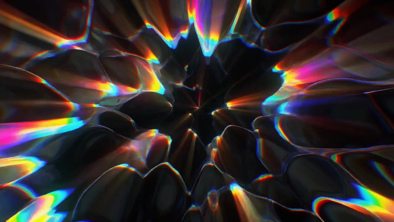 Abstract 3D Animation of Pulsing Dark Liquid with Rainbow Light Refractions