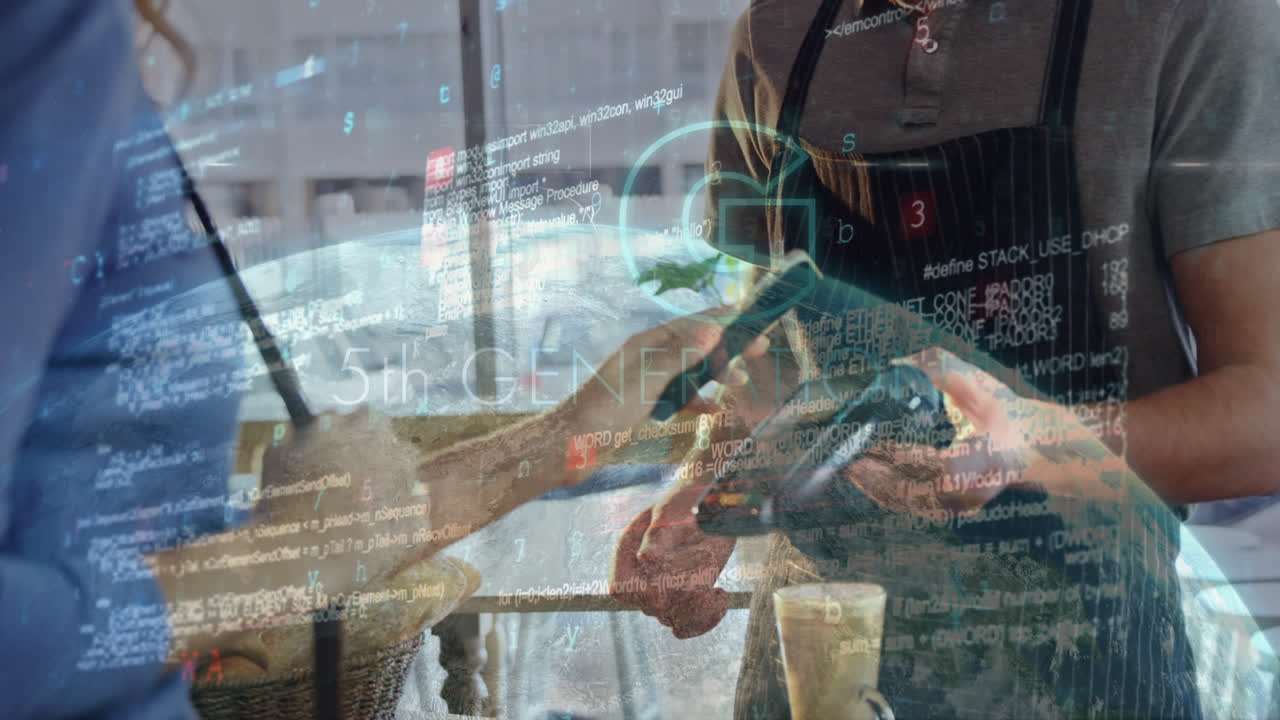 데이터 프로세싱의 애니메이션, 지구와 5g, 카우카스 인들에게 접촉 없는 결제를 사용합니다.