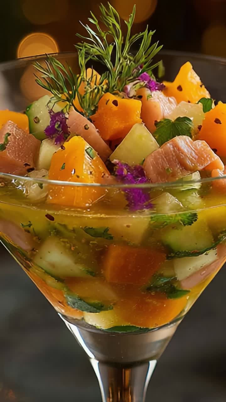 Vibrant Gourmet Salad in a Stylish Glass Garnished with Fresh Herbs and Colorful Vegetables, Perfect for Any Elegant Dining Experience