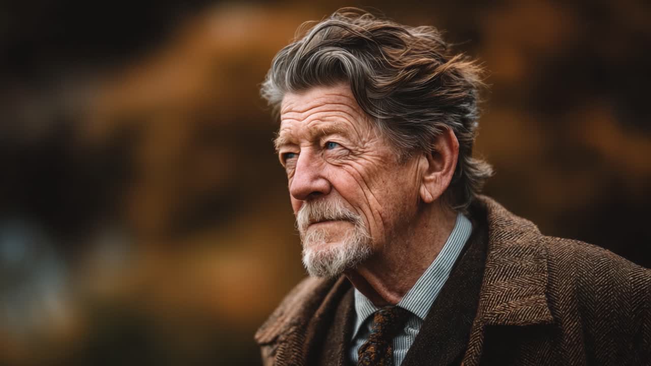 Un uomo anziano riflette tra i caldi colori della natura, catturando l'essenza della saggezza e dell'esperienza in un sereno ritratto all'aperto.