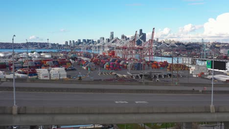 Aerial-shot-of-the-West-Seattle-bridge-closed-for-repair-with-the-city-in-the-background