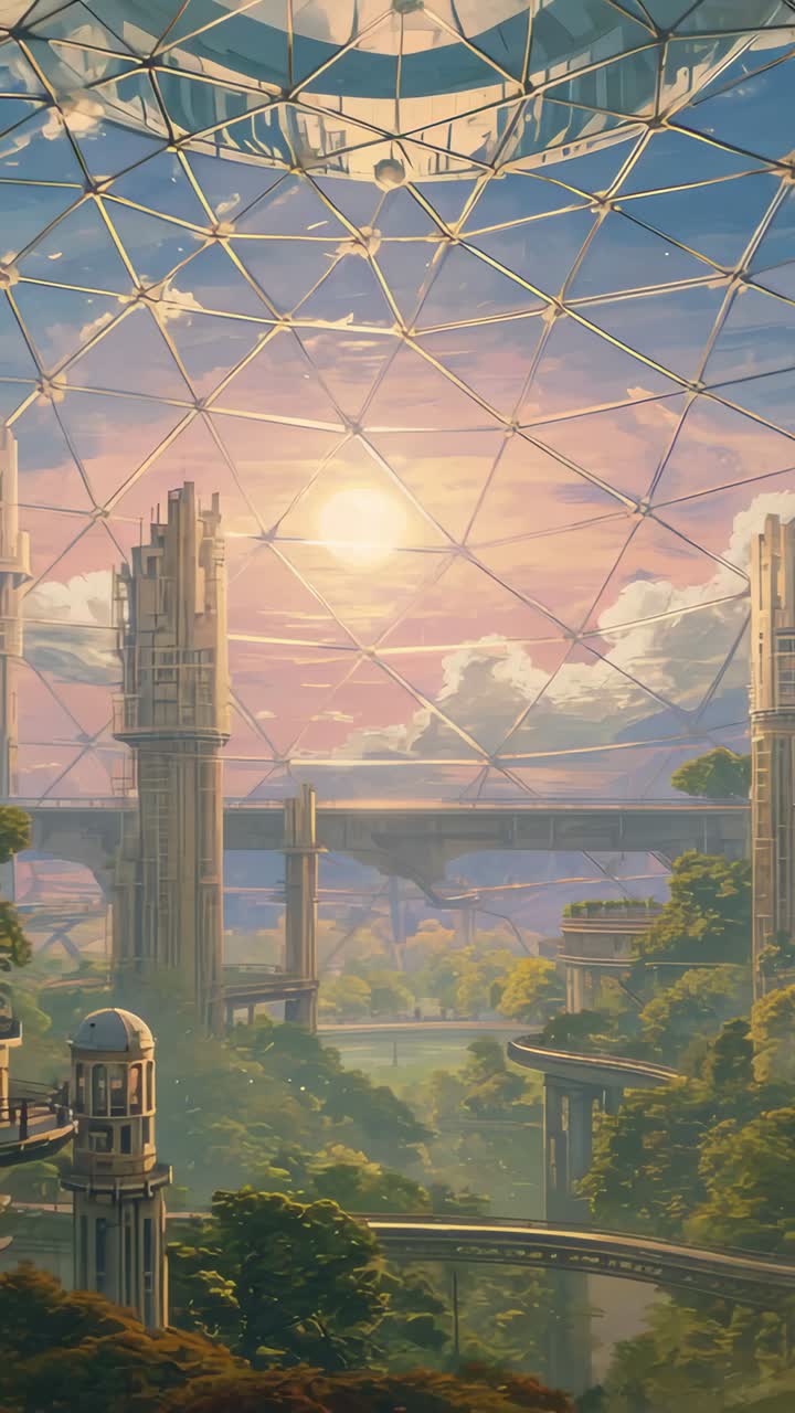 Vertical video: Panning camera revealing geodesic dome city, sun backlighting towers and terraces