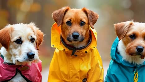 tres perros con abrigos de lluvia sentados en un camino en el bosque