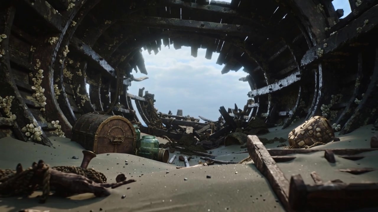 Gliding camera pushing from deep ribs through wreck on sand, revealing chest and rolling bottle