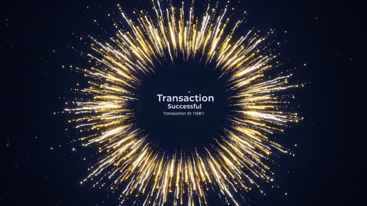 Celebratory Visuals of a Successful Transaction with Radiant Sparks and a Gleaming Circular Design Signifying Achievement and Positive Outcomes in Digital Finance