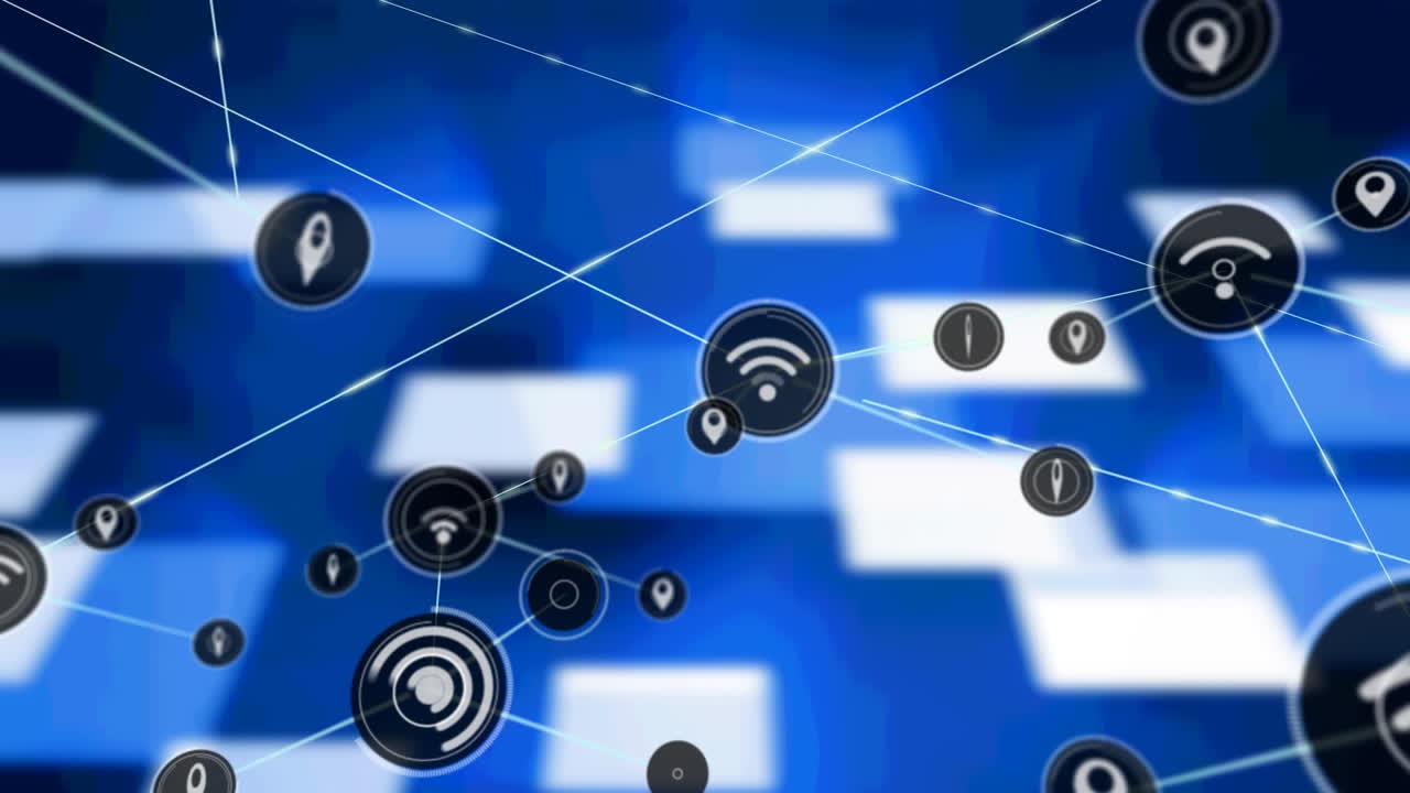 animación de redes de conexiones con iconos sobre formas azules sobre fondo negro