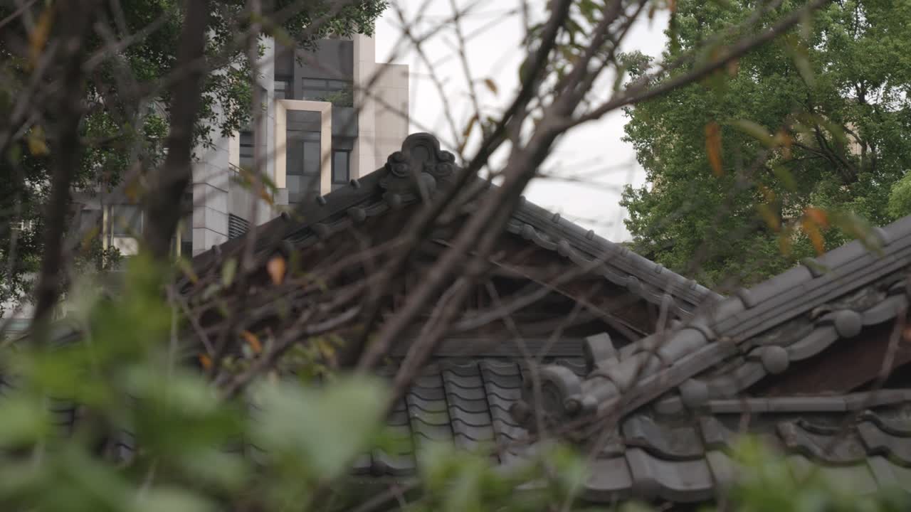 전통적인 일본 집 지붕은 문화적으로 복잡한 목조 구조로 만들어졌습니다.