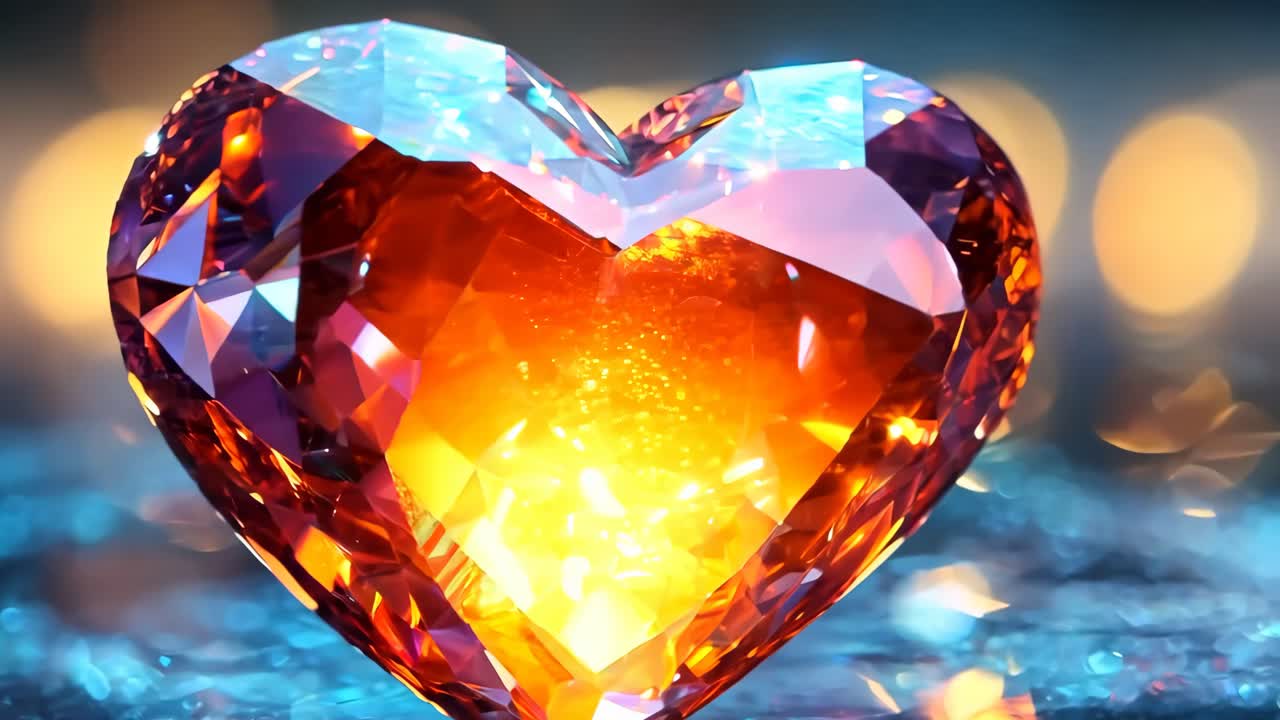A heart made of a diamond is lit up by a light. The diamond is surrounded by a blue background