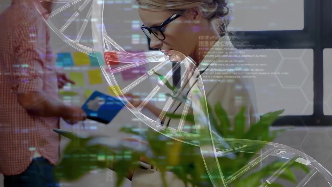 DNA-helix verschuift terwijl wetenschapper tablet raadpleegt en collega map doorgeeft voor biotechnologisch onderzoek.