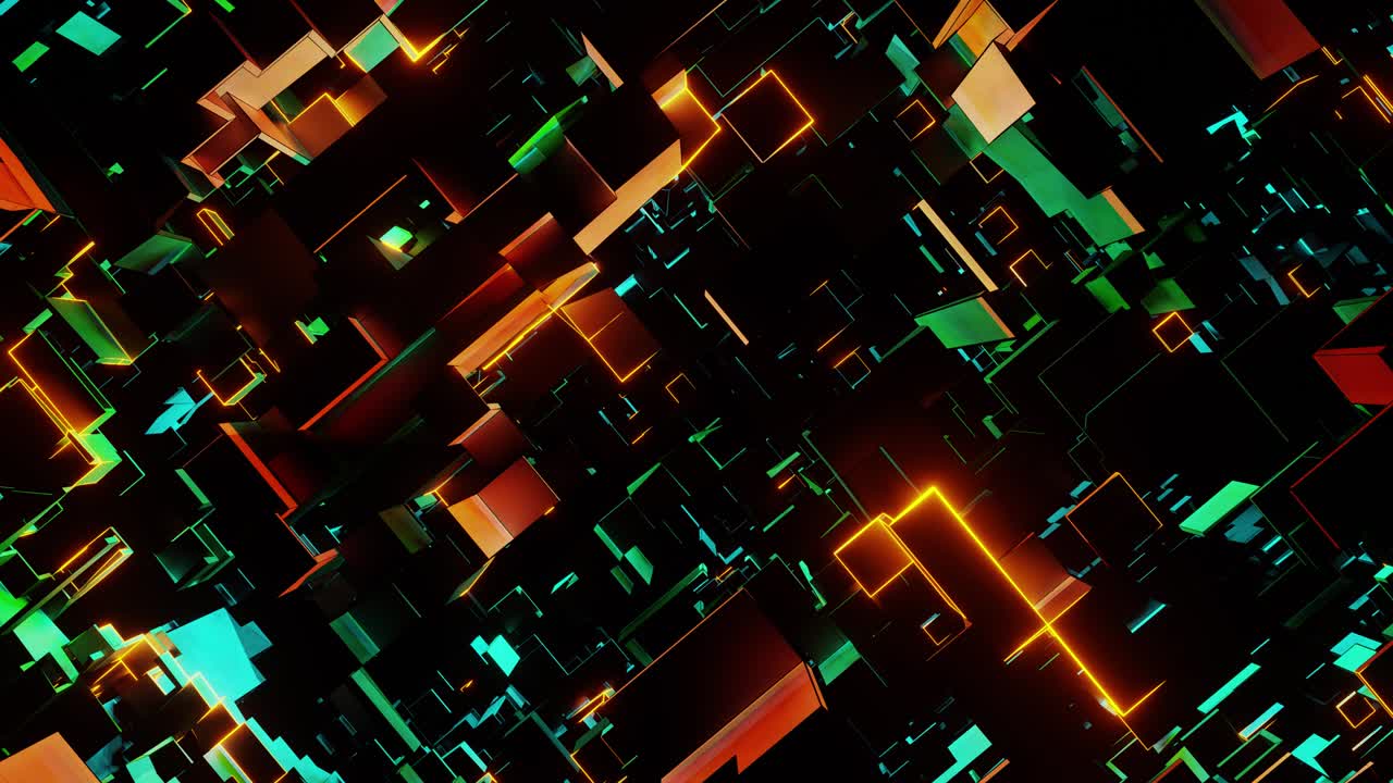 Flying through a space of shimmering neon cubes and rectangles.