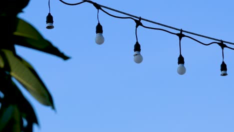 string lights sway gently against blue sky