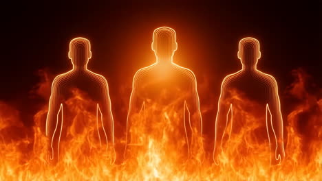 glowing human figures in flames
