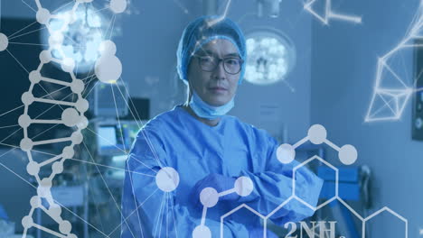 animación del procesamiento de datos médicos sobre un médico asiático con máscara facial