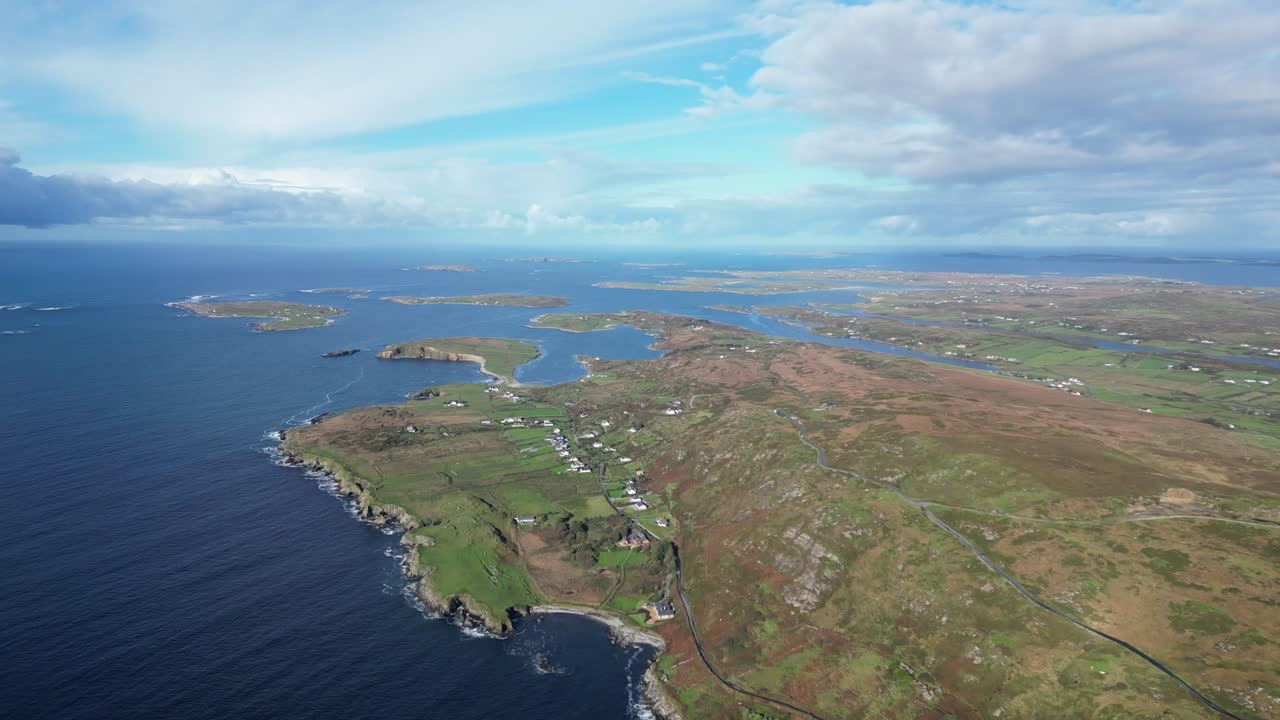 Aerial view of Ireland's Connemara Sky Road with lush landscape