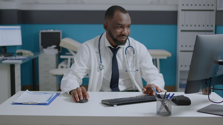 Doctor working on computer in office