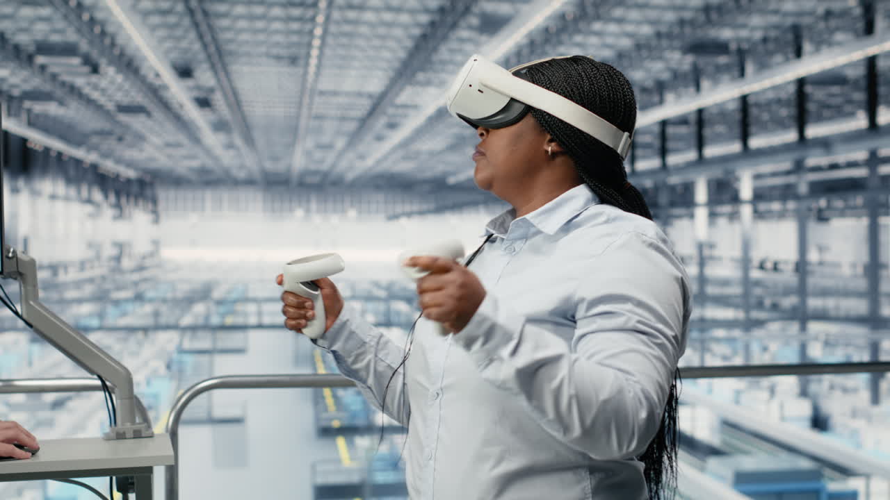 Using VR headset gear, microchip and woman reviewing factory equipment