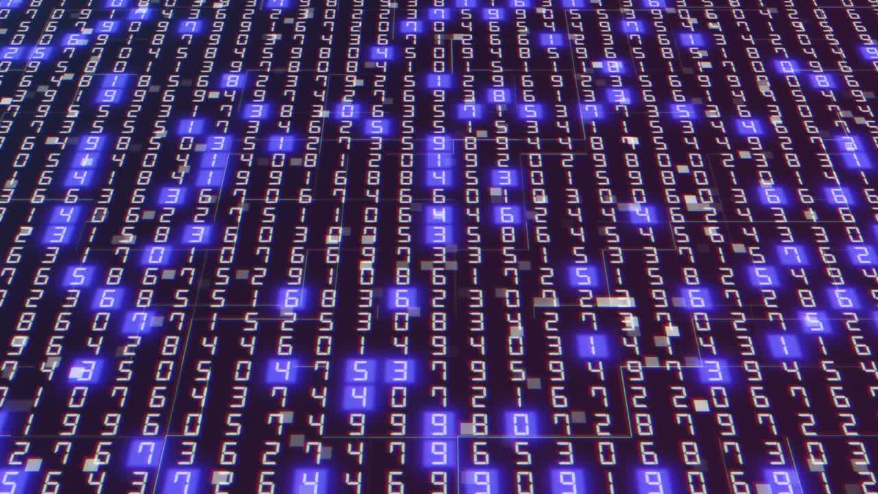 código digital de datos grandes hexadecimales con animación de luz azul al azar. procesamiento de datos. tecnología de la información futurista. conexión de red. 4k