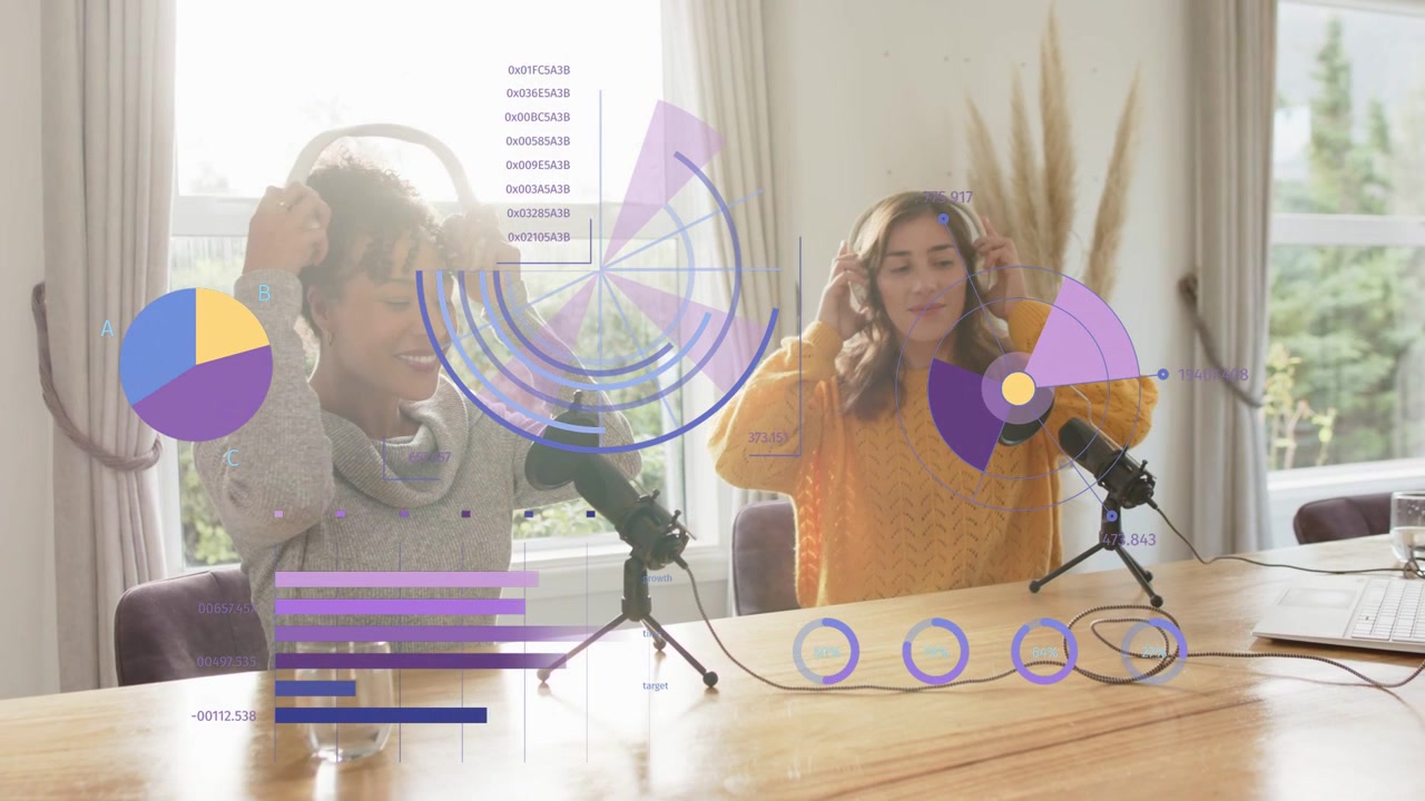 Two hosts checking headsets after left touch, donning and testing audio mics, data charts appearing
