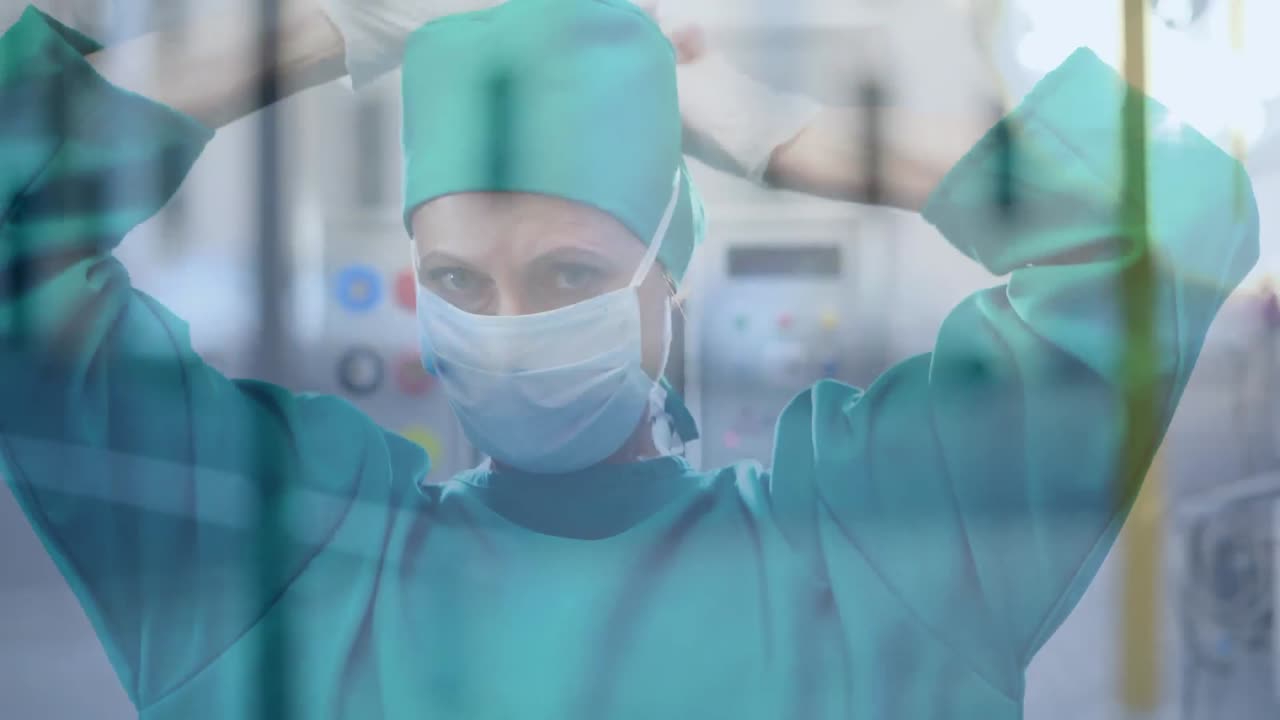 병원에서 얼굴 마스크를 착용하는 외과 의사에 대한 도로 교통의 애니메이션