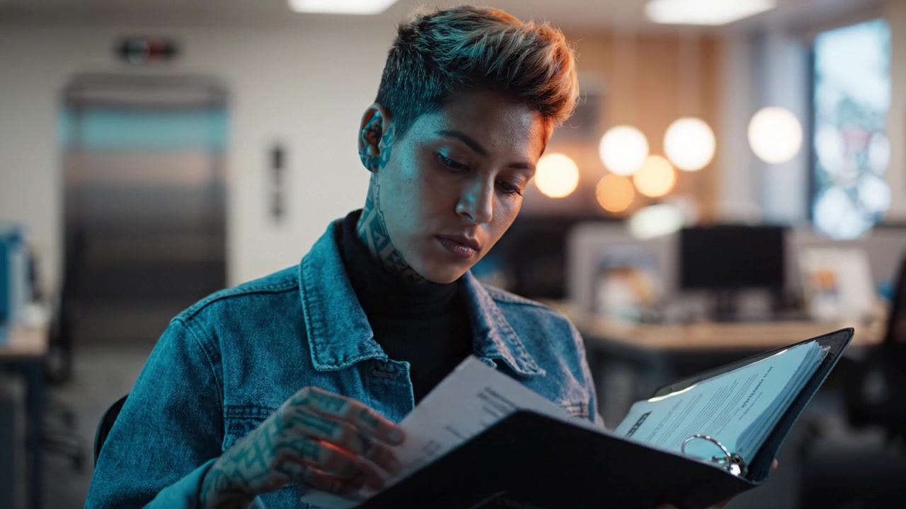 Focused individual in a modern office environment engages with a binder, showcasing a moment of concentration amid a vibrant and collaborative workspace.